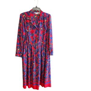 Andrea Gayle red blue gold polyester vintage dress elasticized waistband Sz 10